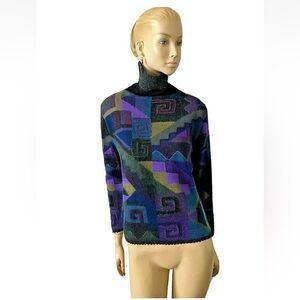Caamano Alpaca Geometric Patterned Turtleneck Sweater in Black and Purple